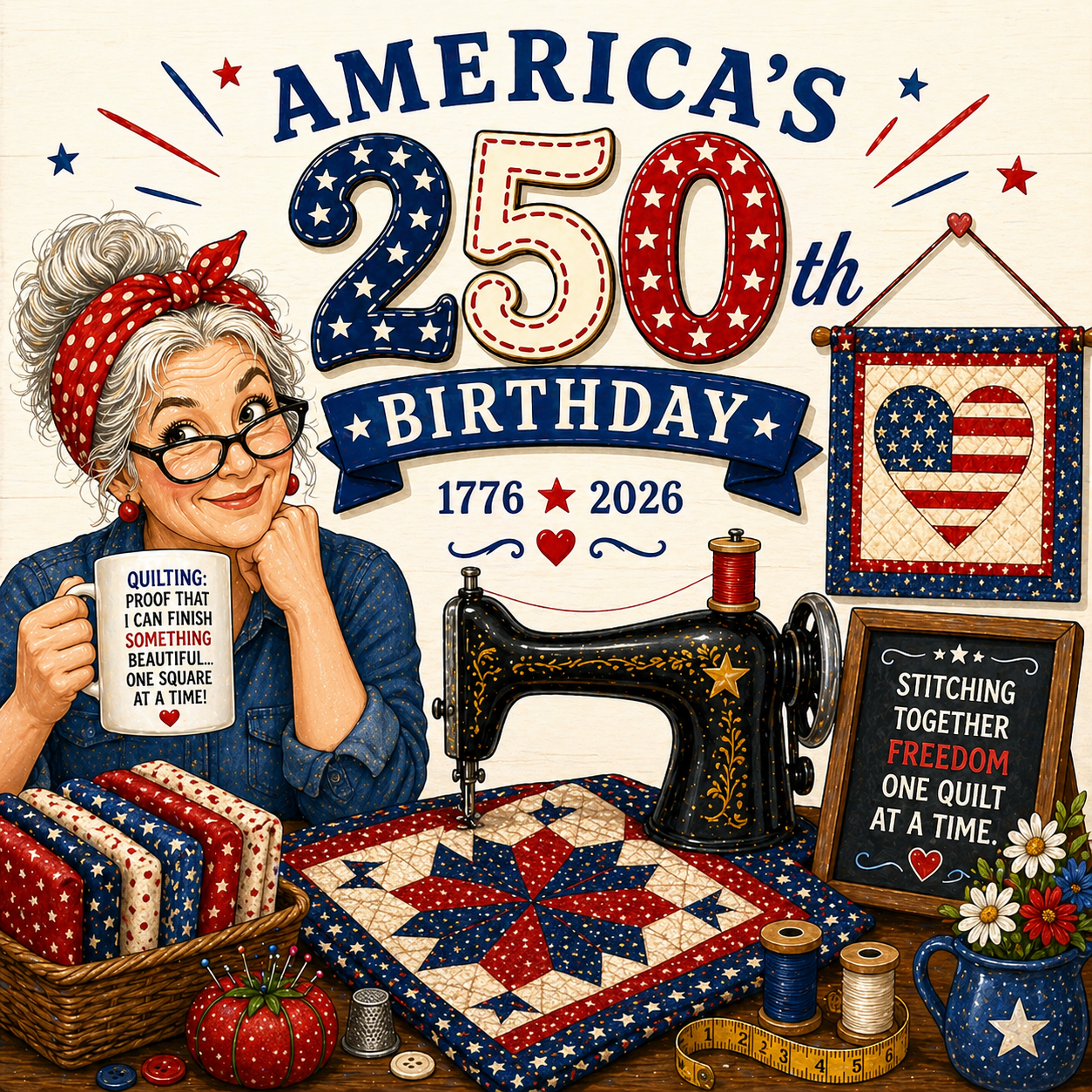 Illustration celebrating America's 250th birthday with a woman, sewing machine, and quilt.