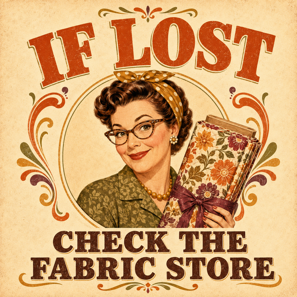 Vintage-style illustrated sign reading 'IF LOST CHECK THE FABRIC STORE' with a retro woman holding a floral book or fabric bundle, on a warm beige background with decorative orange and green flourishes.