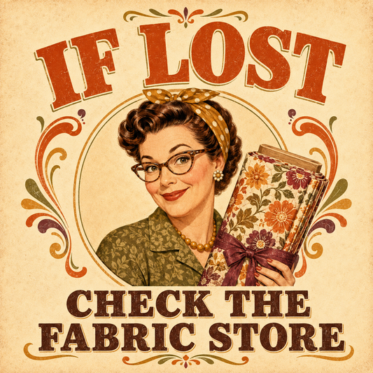Vintage-style illustrated sign reading 'IF LOST CHECK THE FABRIC STORE' with a retro woman holding a floral book or fabric bundle, on a warm beige background with decorative orange and green flourishes.