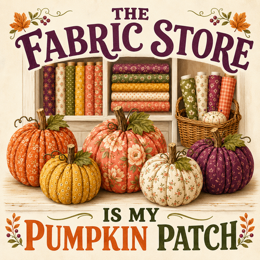 A cozy autumn-themed graphic with the text 'THE FABRIC STORE IS MY PUMPKIN PATCH' surrounding an illustration of fabric rolls, a wicker basket, and several decorative fabric pumpkins in warm fall colors.
