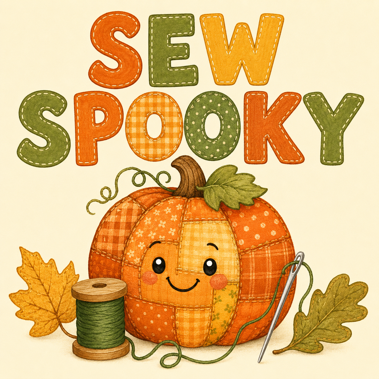 A cute autumn-themed graphic with the words “SEW SPOOKY” in large patchwork letters above a smiling patchwork pumpkin, with a spool of thread, a needle, and two leaves on a cream background.