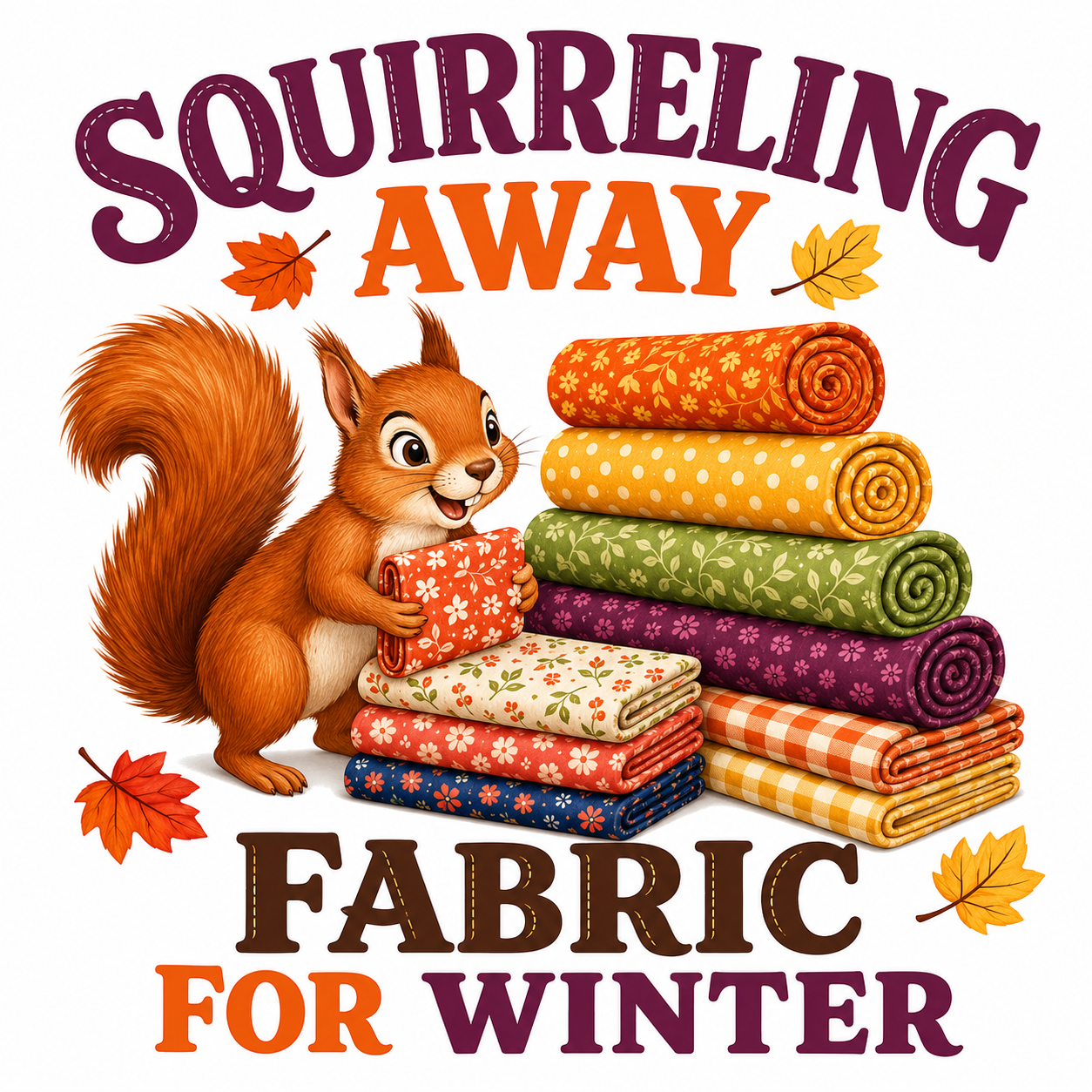 A festive autumn-themed graphic with the words “Squirrelin g Away” and “Fabric for Winter” around an illustrated brown squirrel holding rolled winter fabrics. The fabrics are shown in orange, yellow, green, purple, cream, and blue floral/plaid patterns on a plain white background.