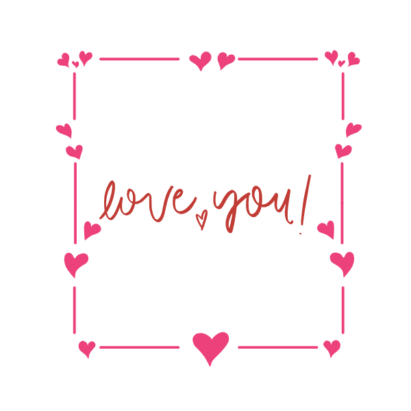 Text 'love you!' surrounded by pink hearts on a white background