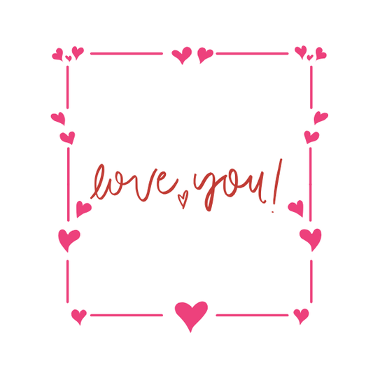 Text 'love you!' surrounded by pink hearts on a white background