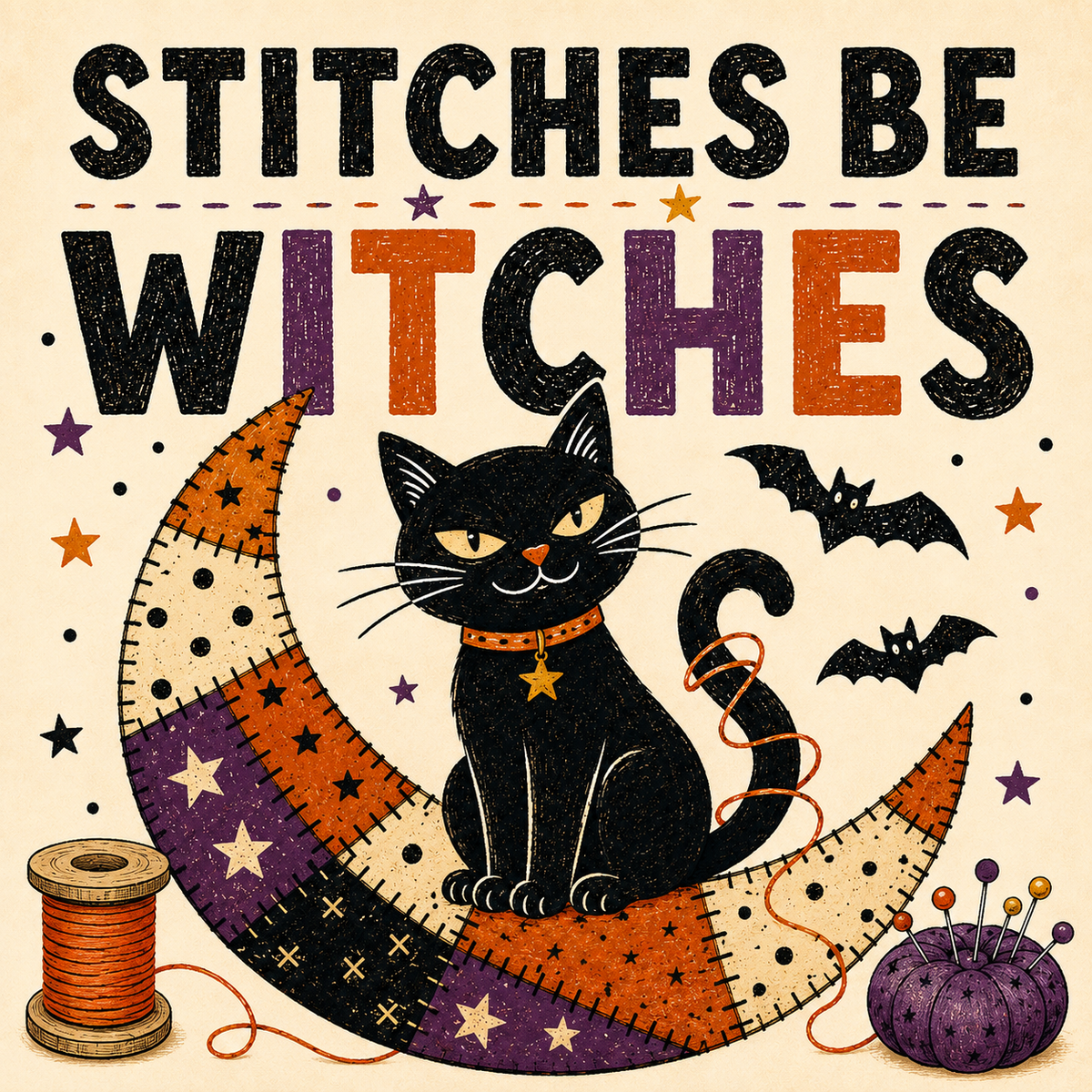 Halloween-themed graphic design featuring the text 'STITCHES BE WITCHES' above a black cat sitting on a patchwork moon. The design includes orange, purple, black, and cream colors with stars, bats, a spool of thread, and a purple pincushion on a cream textured background.