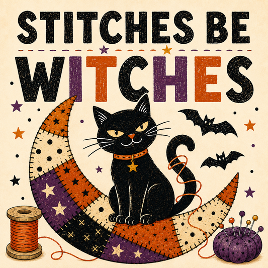 Halloween-themed graphic design featuring the text 'STITCHES BE WITCHES' above a black cat sitting on a patchwork moon. The design includes orange, purple, black, and cream colors with stars, bats, a spool of thread, and a purple pincushion on a cream textured background.