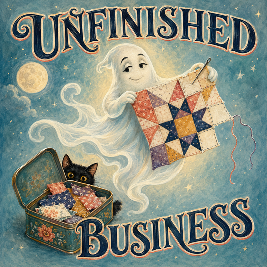 Vintage-style illustrated poster with the words “UNFINISHED BUSINESS” in large decorative lettering. A ghost-like sewing figure holds a patchwork quilt, with a black cat peeking out of an open trunk filled with more quilt pieces against a starry blue night sky and full moon background.