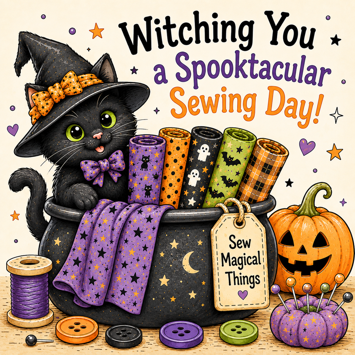 A festive Halloween-themed illustration with the text 'Witching You a Spooktacular Sewing Day!' above a black cat in a witch hat sitting in a cauldron filled with patterned fabric rolls, sewing notions, buttons, thread, and a jack-o'-lantern on a cream background.